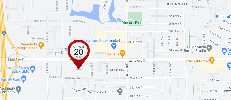Wait time map example showing the area around Essentia Health Fargo ER
